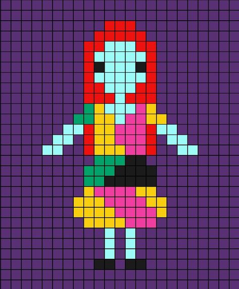 A pixel art template of Sally from The Nightmare Before Christmas. Perler Nightmare Before Christmas, Night In The Woods Pixel Art, Pixel Art Nightmare Before Christmas, Nightmare Before Christmas Pixel Art, Nightmare Before Christmas Perler Beads, Cars Y Sally, Sally Carrera, Lightning Mcqueen Party, Mcqueen Party