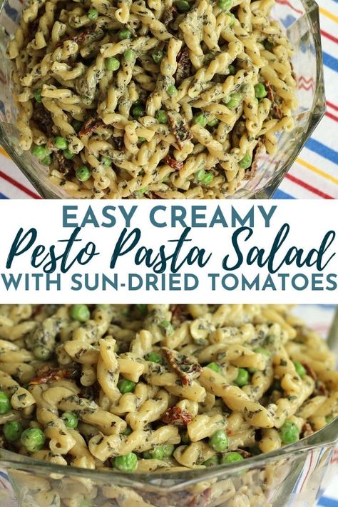 This easy Creamy Pesto Pasta Salad with Peas and Sun-Dried Tomatoes is ideal for picnics and potlucks, barbecues and birthday parties. A simple dressing of pesto, mayonnaise, and lemon juice cloaks this family-favorite pasta salad. Sweet and chewy sun-dried tomatoes, and vibrant green peas round out this versatile side dish.