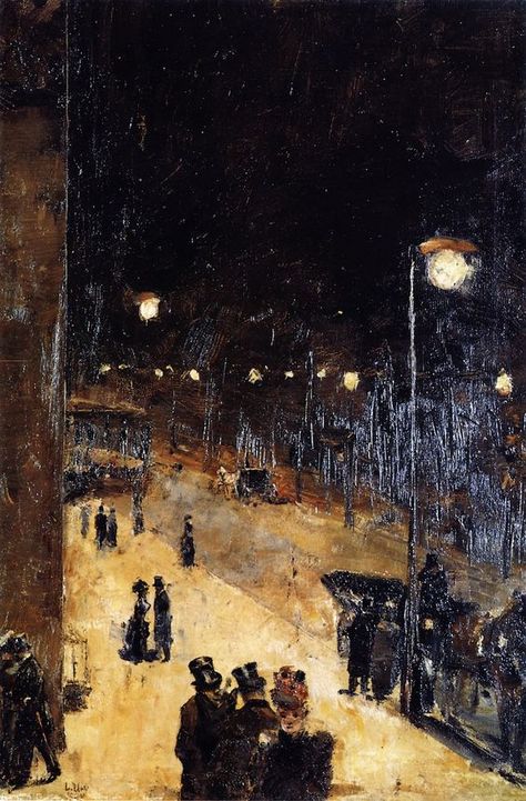 Lesser Ury~ Berlin Street at Night ,1889: Lesser Ury, Claude Ponti, Street At Night, Escape Artist, Fabric Artwork, Berlin Street, Blueberry Pancakes, Night Painting, Caravaggio