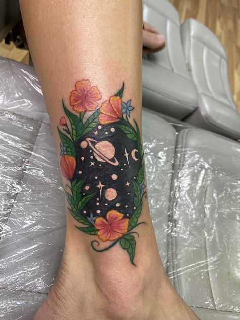 Flowers And Galaxy Tattoo, Galaxy Flowers Tattoo, Large Ankle Tattoo Cover Up, Galaxy Flower Tattoo, Foot Cover Up Tattoos For Women, Dark Flower Tattoo Cover Up, Space Flower Tattoo, Dark Flower Tattoos, Large Tattoo Cover Ups