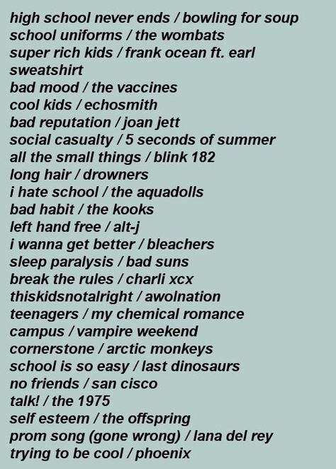 Playlist For School, College Playlist, Tumblr Playlist, Mood Playlists, Prom Songs, School Playlist, Throwback Playlist, Playlist Inspiration, Music Lists