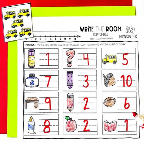 September math write the room. Numbers to 10 and numbers to 20 activity for prek, kindergarten, and first grade Math Write The Room, Kindergarten Autumn, Numbers To 20, March Math, Room Kindergarten, First Grade Lessons, Fall Family Fun, Fall Writing, Kindergarten Themes