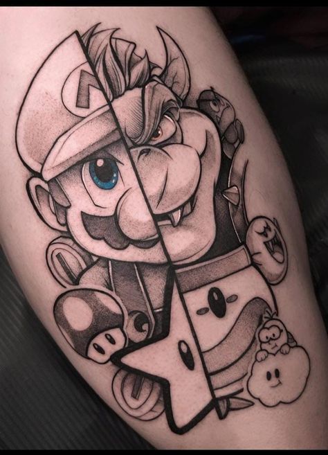 Bowser Tattoo Ideas, 90s Cartoons Tattoos, Matching Cartoon Tattoos, Deadmau5 Tattoo, Mario Tattoo Design, Mario Tattoo Ideas, Bowser Tattoo, Bowser Drawing, Cartoon Flash Tattoo