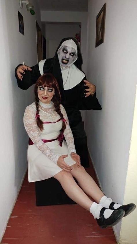 The Conjuring Halloween Costume, Horror Costume Ideas, Creepy Doll Halloween Costume, Annabelle Halloween, Scary Couples Costumes, Zombie Couple Costume, Scary Couples Halloween Costumes, Creepy Doll Halloween, Creepy Halloween Costumes