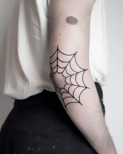 Knee Cobweb Tattoo, Spiderweb Arm Tattoo, Spider Web Elbow Tattoos For Women, Spider Net Tattoo Elbow, Traditional Spider Web Tattoo Elbow, Spiderweb Tattoo On Shoulder, Spider Webbing Tattoo, Spooky Elbow Tattoo, Spider's Web Tattoo