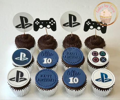 PlayStation cupcakes Ps5 Cupcakes, Playstation Cupcakes, Ps5 Cake, Gamer Cookies, Playstation Party, Playstation Cake, Birthday Cupcakes Boy, School Cupcakes, Paw Patrol Decorations