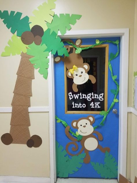 Jungle Kindergarten Classroom, Monkey Classroom Door, Safari Classroom Door, Jungle Theme Classroom Door, Classroom Welcome Boards, Christmas At The Zoo, Jungle Theme Classroom Decorations, Animal Print Classroom, Safari Theme Classroom