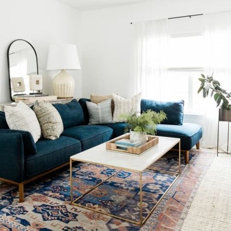 9 Things to Consider When Buying a New Sofa — Design by Caitie Blue Couch Living, Blue Sofa Living, Living Room Upstairs, Blue Sofas Living Room, Blue Couch Living Room, Moody Living Room, Blue Couch, Blue Couches, تصميم للمنزل العصري