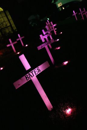 Our DIY spooky, lit graveyard crosses! Diy Halloween Decorations Outdoor Tombstones, Thriller Halloween Decorations, Demonic Halloween Decorations, Homemade Halloween Graveyard, Graveyard Office Decorations, Easy Diy Haunted House Ideas, Halloween Party Graveyard Theme, Diy Haunted House Ideas Outdoor, Diy Halloween Cemetary