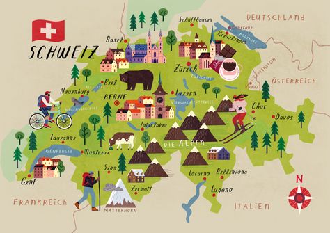 Zurich Map, Switzerland Places To Visit, Traveling World, Map Of Switzerland, Holiday Homework, Map Creator, Places In Switzerland, Switzerland Cities, Illustrated Maps