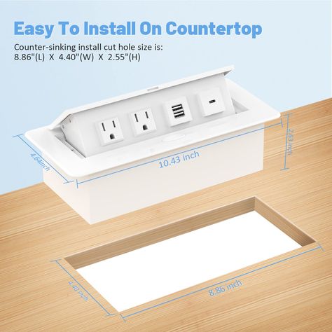 Desktop Power Outlet, Countertop Pop Up Outlet, Pop Up Power Outlet, Electrical Outlets Ideas, Hidden Power Outlet, Countertop Outlets, Hidden Countertop, Hidden Outlet, Handyman Hacks