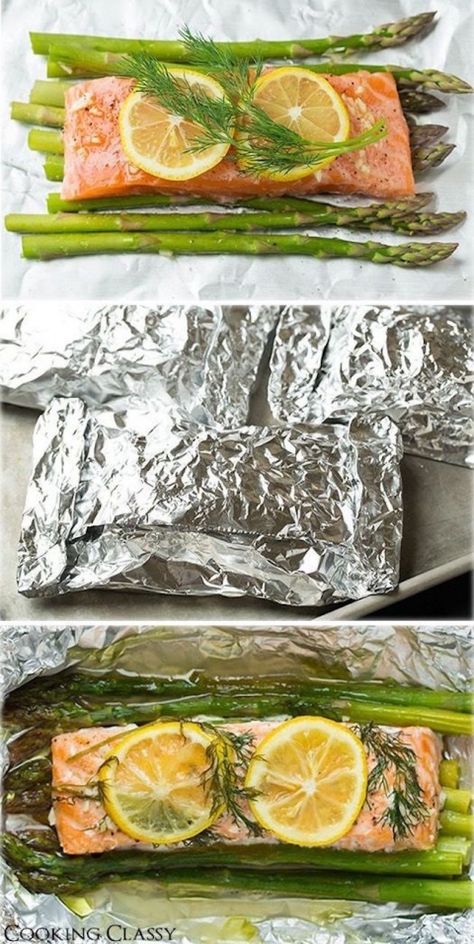 Salmon And Asparagus In Foil, Arbonne Recipes, Diet Dinner, Salmon And Asparagus, Cooking Classy, Eating Recipes, Baked Salmon, Lunch Snacks, Seafood Dishes