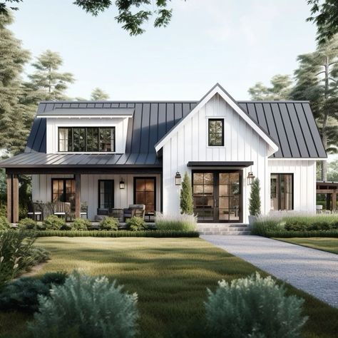 Modern Home Exteriors White, Metal Roof Modern Farmhouse, Modern Southern Farmhouse Exterior, Farmhouse Black And White Exterior, White Farmhouse Landscape Ideas, Modern Farmhouse Homes Exterior, White Modern Cottage Exterior, Modern Farmhouse With Metal Roof, Modern Farmhouse Metal Roof