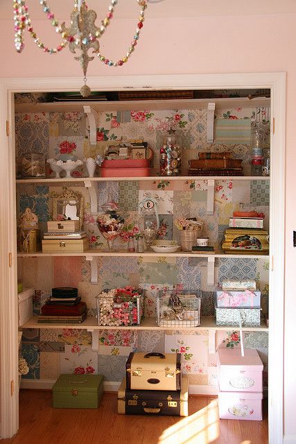 Craft closet from freckled farm photostream. Love the use of unique containers of organize your craft supplies. Chandelier is pretty and wallpaper in the closet too. Craft Closet, Dream Craft Room, Scrapbook Room, Office Crafts, Craft Room Storage, Craft Room Office, Sewing Rooms, Craft Room Organization, Craft Studio