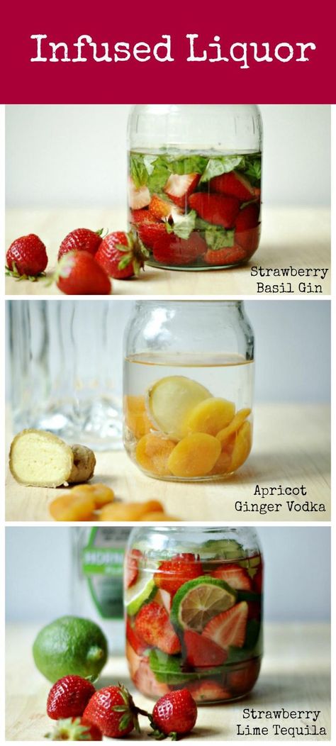 Make some interesting fruit infused liquors for your next party. Recipes include Strawberry Basil Gin, Strawberry Lime Tequila, Apricot Ginger Vodka. Delicious drinks! Strawberry Infused Tequila, Infused Tequila Recipes, Vodka Infusions, Infused Alcohol, Strawberry Tequila, Infused Tequila, Infused Liquors, Alcohol Infusion, Recipes Strawberry