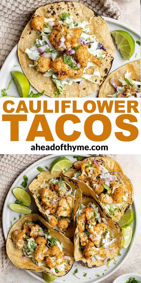 Cauliflower Tacos Recipes Easy, Cauliflower Recipes Tacos, Cauliflower Spinach Taco Shells, Califlower Recipes Taco, Coliflower Taco Recipe, Vegetarian Tacos Cauliflower, Vegetarian Taco Tuesday, Cauliflower Wraps Recipe, Greek Cauliflower Tacos