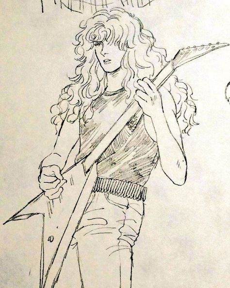 Rock Music Art Drawing, Metal Head Drawing, Dave Mustaine Drawing, Metallica Sketch, Rock Poses Drawing, Eddie Munson Sketch, Rock Character Design, Rockstar Drawing, Metallica Drawing