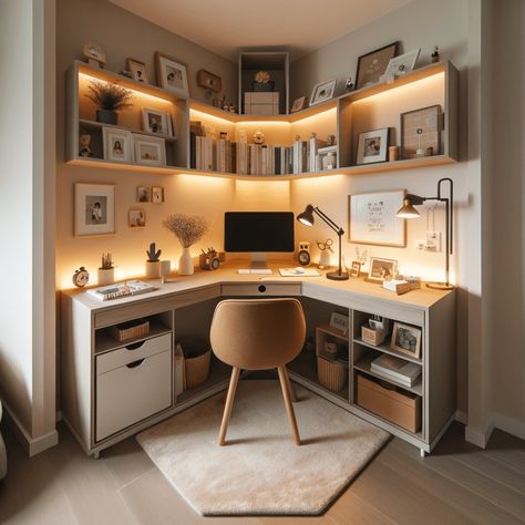 Cozy Desk Setups - Hip Hoo-Rae Home Decor Ideas Study Room, Room For Studying, Corner Desk With Shelves Bedroom, Computer Desk Setup In Living Room, Cozy Desk Corner, Small At Home Office Ideas, Small Cozy Desk Setup, Cozy Workspace At Home, Desk Setup Corner