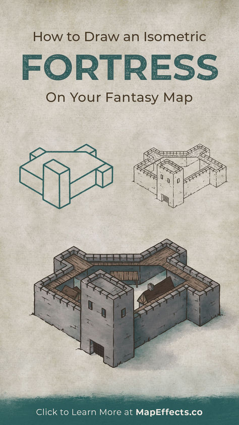 Steps to drawing an isometric castle fortress on your fantasy maps Fantasy Map Compass Drawing, Fantasy City Map Drawing, Fantasy Map Buildings, Making A Fantasy Map, How To Make A Fantasy Map, Drawing A Castle, Fantasy Map Ideas, Structures Drawing, Fantasy World Maps