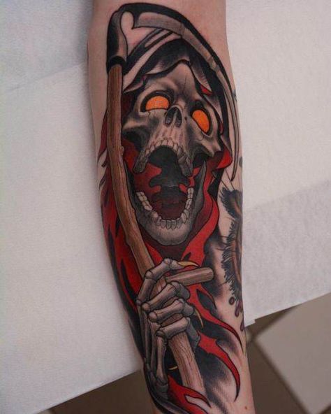 Tattoo Grim Reaper, Sparrow Tattoo Design, Werewolf Tattoo, Neo Tattoo, Grim Reaper Tattoo, Reaper Tattoo, Demon Tattoo, Creepy Tattoos, Technology Art