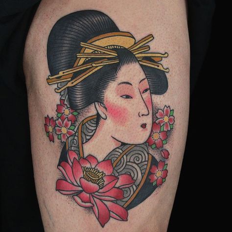 By Tito Zambrano from Ink Master Geisha Face Tattoo, Japanese Fu Dog Tattoo Design, Namakubi Tattoo, Japanese Traditional Tattoo, Japanese Geisha Tattoo, Traditional Japanese Tattoo Flash, Geisha Tattoos, Chris Garver, Vintage Tattoo Design