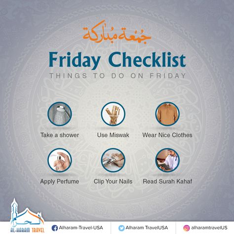 Friday is the most special day of the week for Muslims. There are certain rituals to be performed on the day of Friday that include taking a shower, use Miswak, wearing nice clothes, applying perfume and clipping nails. It is also significant to read Surah Kahaf and recite Durood Shareef on this blessed day. #Allah #Islam #FridayMotivation #rituals #Miswak #perfume #recitation #DuroodPak #blessings #supplication #Jummah #AlharamTravelUSA Friday Salawat, Durood Shareef On Friday, Friday Sunnah, Friday Reminder, Speaking Cards, Applying Perfume, Durood Shareef, Islamic Facts, Education Logo Design