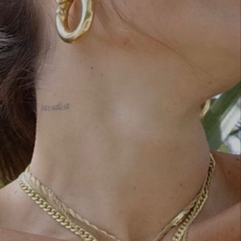 paradise tiny script neck tattoo Tiny Neck Tattoo, Script Neck Tattoo, Dainty Neck Tattoo, Side Neck Tattoo, Paradise Tattoo, Small Tats, Neck Tattoos, Tattoo Script, Nape Of Neck