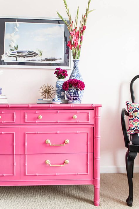 Pink Nightstand, Bamboo Dresser, Pink Dresser, European Style Homes, White Drapes, Bar Seating, Bedroom Furniture Dresser, Faux Bamboo, Chic Home