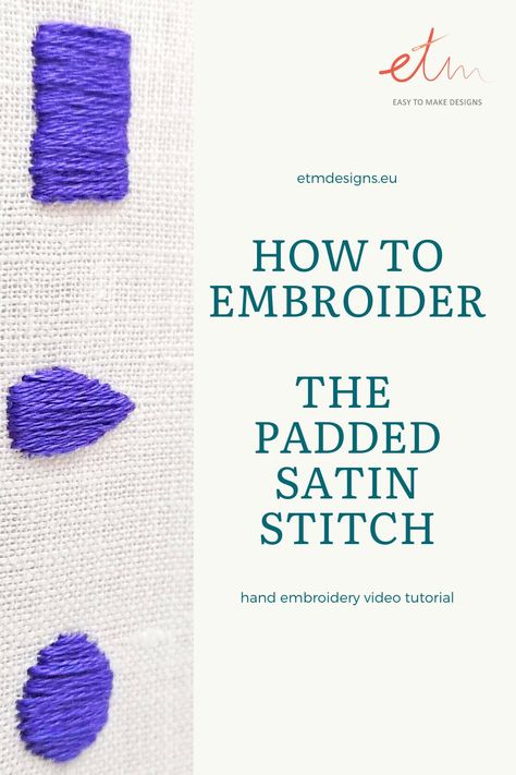 A Padded Satin stitch or Damask stitch is a series of flat stitches that are used to completely cover a section of the background fabric. Padding gives the satin stitch some additional volume and makes it easier to keep the outline of the shape smooth. In this embroidery tutorial, I show you how to fill different shapes with a padded satin stitch - a square shape, irregular shape, and round shape. Click to learn more or Pin for later! Embroidery Video, Embroidery Online, Hand Embroidery Videos, Hand Embroidery Tutorial, Embroidery Tutorial, Embroidery Stitches Tutorial, Embroidery Videos, Hand Embroidery Projects, Background Fabric