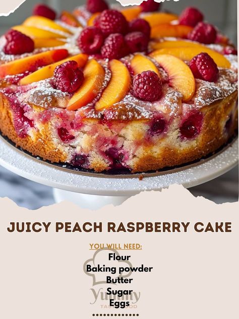 🍰 Juicy Peach Raspberry Cake: A delightful combination of fresh peaches and raspberries in a sweet summer cake! #PeachRaspberryDelight Juicy Peach Raspberry Cake Ingredients: Flour (2 cups (240 g)) Baking powder (1 tsp (5 g)) Butter, softened (1/2 cup (115 g)) Sugar (1 cup (200 g)) Eggs (3) Milk (1/2 cup (120 ml)) Fresh peaches, sliced (1 cup (150 g)) Raspberries (1 cup (150 g)) Instructions: Cream butter and sugar; add eggs. Mix in flour and baking powder alternately with milk. Fold in p... Raspberry Peach Cake, Cozy Fall Recipes, Peach Raspberry, Summer Cake, Juicy Peach, Peach Cake, Cream Butter, Fresh Peaches, Raspberry Cake