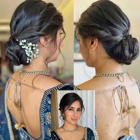 Bridal Hairstyle Indian Receptions, Messy Bun South Indian Wedding, Bun Hairstyles Indian Front Look, Desi Updo Hairstyles, Messy Bun On Lehenga, Party Buns Hairstyles Indian, Messy Bun Hairstyles With Lehnga, Engagement Bun Hairstyles, Messy Bun Party Hairstyle