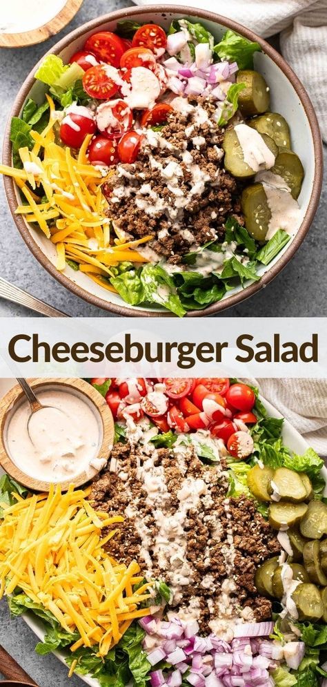 This cheeseburger salad has everything you love about a cheeseburger, minus the bun! Romaine lettuce is topped with seasoned ground beef, cheese, pickles, onions, tomatoes, and a special burger sauce! #cheeseburger #salad #saladrecipe #cheeseburgersalad #lowcarbrecipes #healthyrecipes #healthydinner #mealprep #familydinner Cheeseburger Salad Dressing, Special Burger Sauce, Cheese Burger Salad, Cheeseburger Salad, Chicken Blt, Burger Sauce, Fun Salads, Vegan Salad, Salad Side Dishes