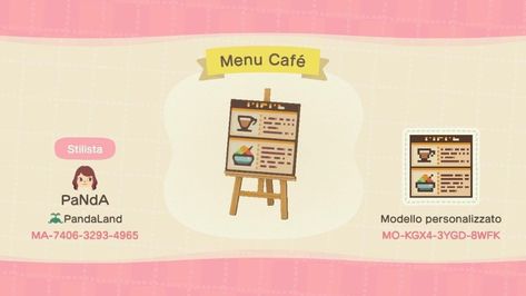 Simple Panel Designs Acnh Cafe, Animal Crossing Cafe, Menu Cafe, Cafe Sign, Crossing Sign, New Animal Crossing, Inspiration Photos, Cafe Menu, Animal Crossing Qr