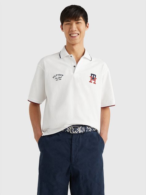 TH Monogram Archive Fit Polo | WHITE | Tommy Hilfiger Polo Shirt Design, Flag Embroidery, Tommy Hilfiger Logo, Golf Polo Shirts, Tommy Hilfiger Man, Web Store, Golf Polo, Polo Collar, Mens Polo Shirts