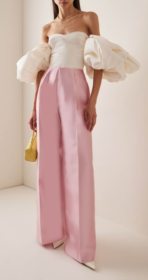 Formal Pants Outfit Wedding, Silk Outfit Classy, Pink Maximalism, Pink Silk Pants, Silk Pants Outfit, Modest Pants, Greta Constantine, Dorothy Dandridge, Wide Leg Pants Outfit