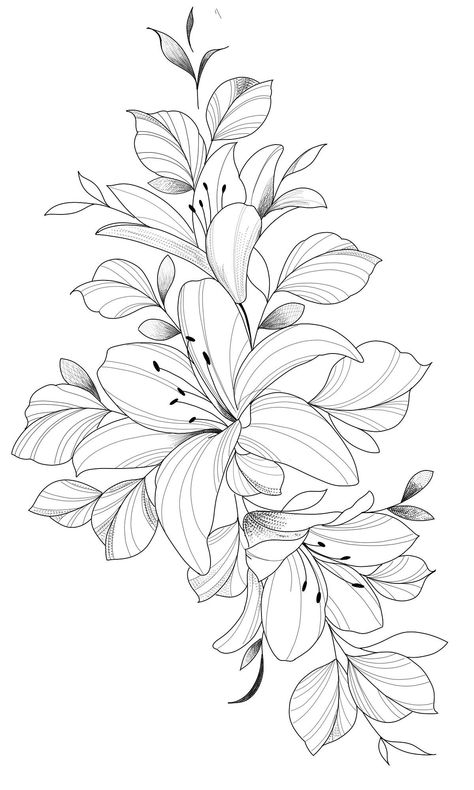 Lily Tattoo Realistic, Flower Line Work Tattoo Design, Flower Shoulder Tattoo Stencil, Tiger Lilly Tattoo Design, Lily Flower Line Drawing, Floral Shoulder Tattoo Design, Lily Flower Back Tattoo, Amaryllis Tattoo Design, Long Floral Tattoo