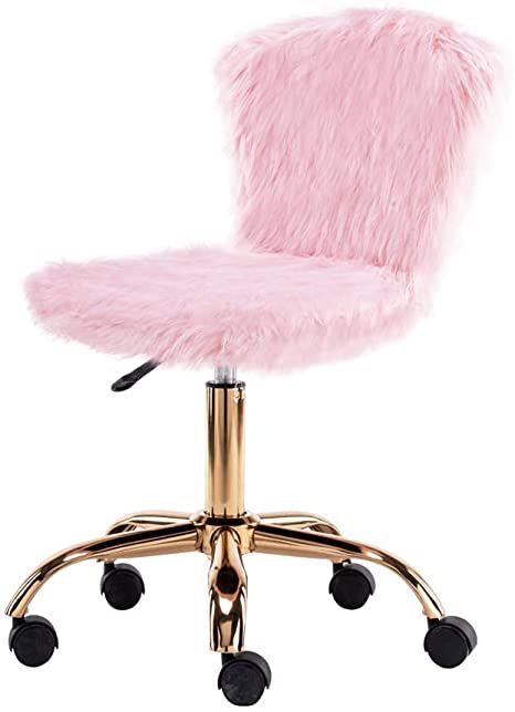 Cute Fluffy Pink Faux Fur Makeup Vanity Chair with Golden Base - Height Adjustable Armless Swivel Office Task Fuzzy Rolling Desk Chair for Women Child Kids Teen Girls - 1 Pack Fuzzy Chair, Makeup Vanity Chair, Fluffy Chair, Rolling Desk Chair, Best Ergonomic Office Chair, Rolling Desk, Dressing Chair, Pink Vanity, Kids Bedroom Inspiration