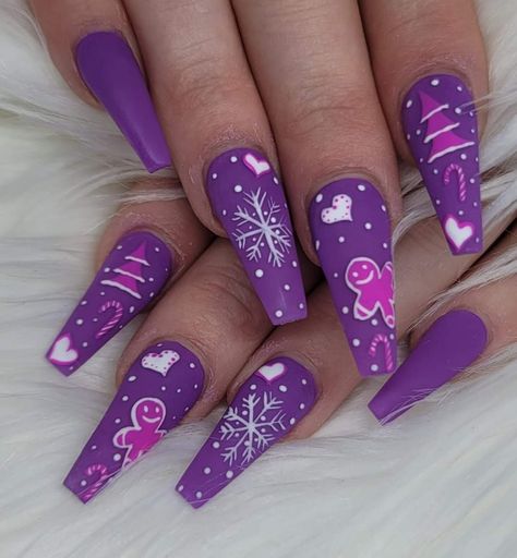 December Nails Purple, Glitter Christmas Nails Acrylic, Pink And Purple Winter Nails, Dark Purple Christmas Nails, Purple Sweater Nails, Pink And Purple Christmas Nails, Purple Snowflake Nails, Purple Christmas Nails Acrylic, Purple Xmas Nails