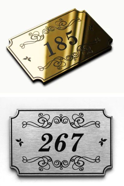 Stainless Steel Door Numbers Plate in gold and silver. You can order customization - with your text or number. Bsign creates handcrafted and eco-friendly door signage, so you can be sure of the quality. Door numbers are made of two layers: one stainless steel and black acrylic. Fastening - double-sided scotch tape. Number Plate Design Bike, Number Plate Design Bike Bullet, Number Signage, Door Number Plates, Number Plate Design, Door Number Sign, Door Signage, Plaque Design, Stainless Steel Door