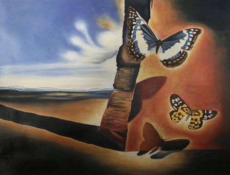 Landscape with butterflies- Salvador Dali Salvador Dali Paintings, Famous Artists Paintings, Salvador Dali Art, Dali Paintings, Dali Art, Artists For Kids, Long Shadow, Butterfly Painting, Italian Artist