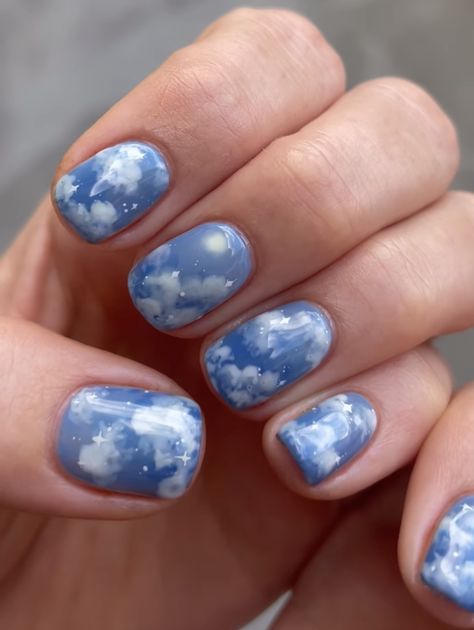 Blue Nails 2023, Fall Blue Nails, Cottagecore Nails, Sky Nails, Stunning Nail Designs, Nail Art Inspo, Vacation Nails, Blue Nail, Cool Nails