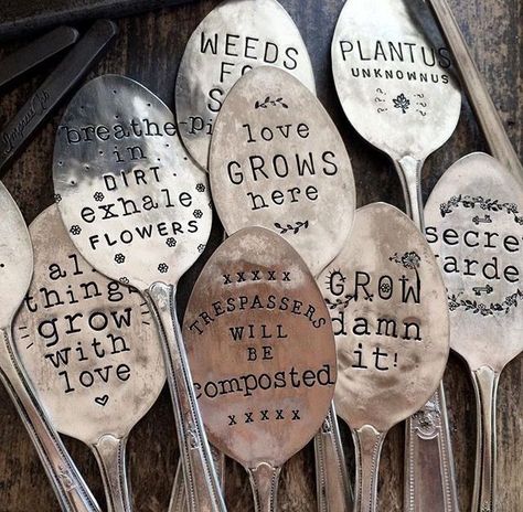 Hand stamped vintage spoon garden markers 🔨🥄🌿 . . . #handstamped #stampedspoons #gardenmarkers #repurposed #upcycle #vintage #vintagefinds #vintagefinds #stamping #funnyspoon #humor #madeinaustralia #australiancraft #giftideas #uniquegifts Batman Harley Quinn, Cutlery Art, Silverware Crafts, Silverware Art, Spoon Crafts, Spoon Art, Stamped Spoons, Metal Stamped Jewelry, Metal Tree Wall Art