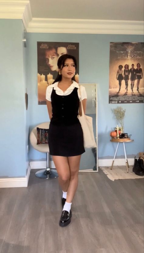 90s Black Skirt Outfit, Same Base Different Outfits, 2000s Teacher Outfits, Outfits With Hair Bows, Fire Style Root Outfits, Soft Goth Summer Outfits, Outfits With A Black Dress, How To Style A Black Dress Casual, Loafer Dress Outfit