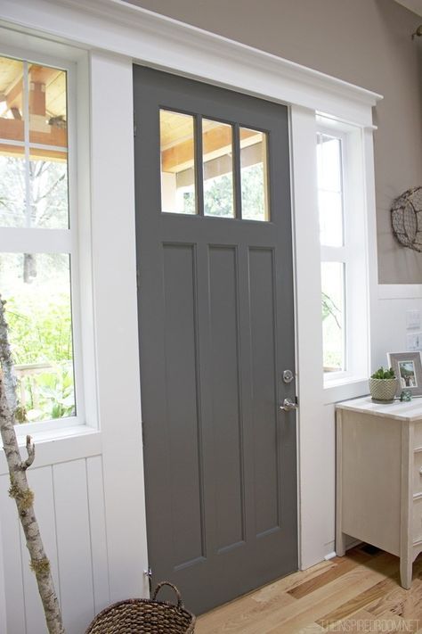 Front Door Interior Color, Gray Front Door Colors, Dark Front Door, Grey Front Door, Grey Interior Doors, Kendall Charcoal, Front Door Interior, Front Door Paint Colors, Door Colors