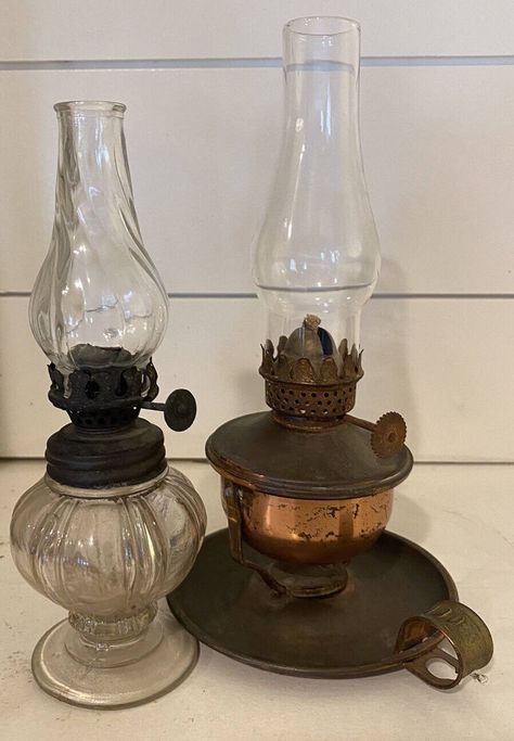 Vtg Antique Oil Lamps Set of 2 7-8" Blown Swirl Glass Brass Minis Rustic Country. These are in good condition. Brass has not been polished as I prefer the aged look. There is a small flea bite on the base of the glass. These are a must have if you like putting together arrangements in your home. Oil Lamps Antique, Old Chimney For Antique Glass Oil Lamp, Old Oil Lamps Antiques Vintage, Mini Oil Lamp, Victorian Oil Lamp, Diy Table Lamp, Antique Oil Lamps Vintage 19th Century, Antique Oil Lamps, Amber Antique Miniature Oil Lamps