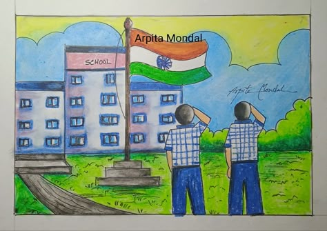 By arpita mondal August Drawing, Drawing In Circle, Color Worksheets For Preschool, Independence Day Drawing, Memory Drawing, Pattern Design Drawing, Easy Cartoon, Drawing Scenery, Basic Painting