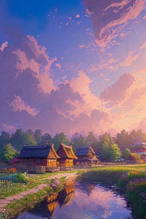 Take a moment to admire the beauty of a serene sunset over a quaint Japanese countryside village. The warm glow of the setting sun bathes the traditional wooden houses in a golden light while the tranquil pond mirrors the peaceful sky above. Anime Countryside Aesthetic, Anime Village Background, Anime Countryside, Anime Countryside Scenery, Japanese Countryside Wallpaper, Studio Ghibli Countryside, Countryside Village, Japanese Countryside, Japanese Town