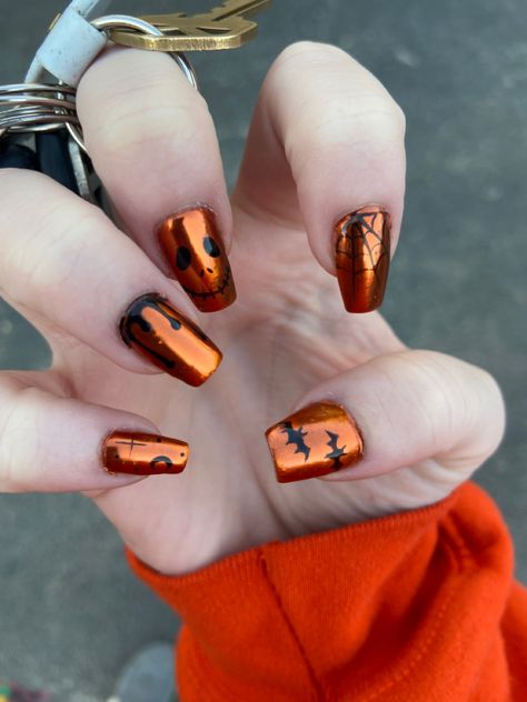 Orange Chrome Nails Halloween, Black Orange French Tip Nails, Black And Orange Chrome Nails, Orange Chrome Halloween Nails, Funky Orange Nails, Orange Chrome Nails Fall, Halloween Nails Chrome, Orange Chrome Nails Designs, Chrome Orange Nails