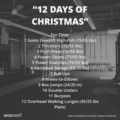 "12 Days of Christmas" WOD - For Time: 1 Sumo Deadlift High-Pull (75/55 lbs); 2 Thrusters (75/55 lbs); 3 Push Press (75/55 lbs); 4 Power Cleans (75/55 lbs); 5 Power Snatches (75/55 lbs); 6 Kettlebell Swings (53/35 lbs); 7 Pull-Ups; 8 Knees-to-Elbows; 9 Box Jumps (24/20 in); 10 Double Unders; 11 Burpees; 12 Overhead Walking Lunges (45/25 lbs Plate) Wods Crossfit, Ascending Order, Sumo Deadlift, Crossfit Workouts Wod, Crossfit Workouts At Home, Walking Lunges, Crossfit At Home, Kettlebell Cardio, Christmas Workout