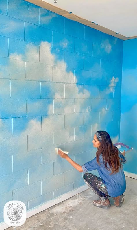 Sky Painted Wall, Clouds Wall Painting, Cloud Wall Painting, Calming Mural, Garden Ceiling, Mural Clouds, Cloud Mural, Church Mural, Sky Wall Mural